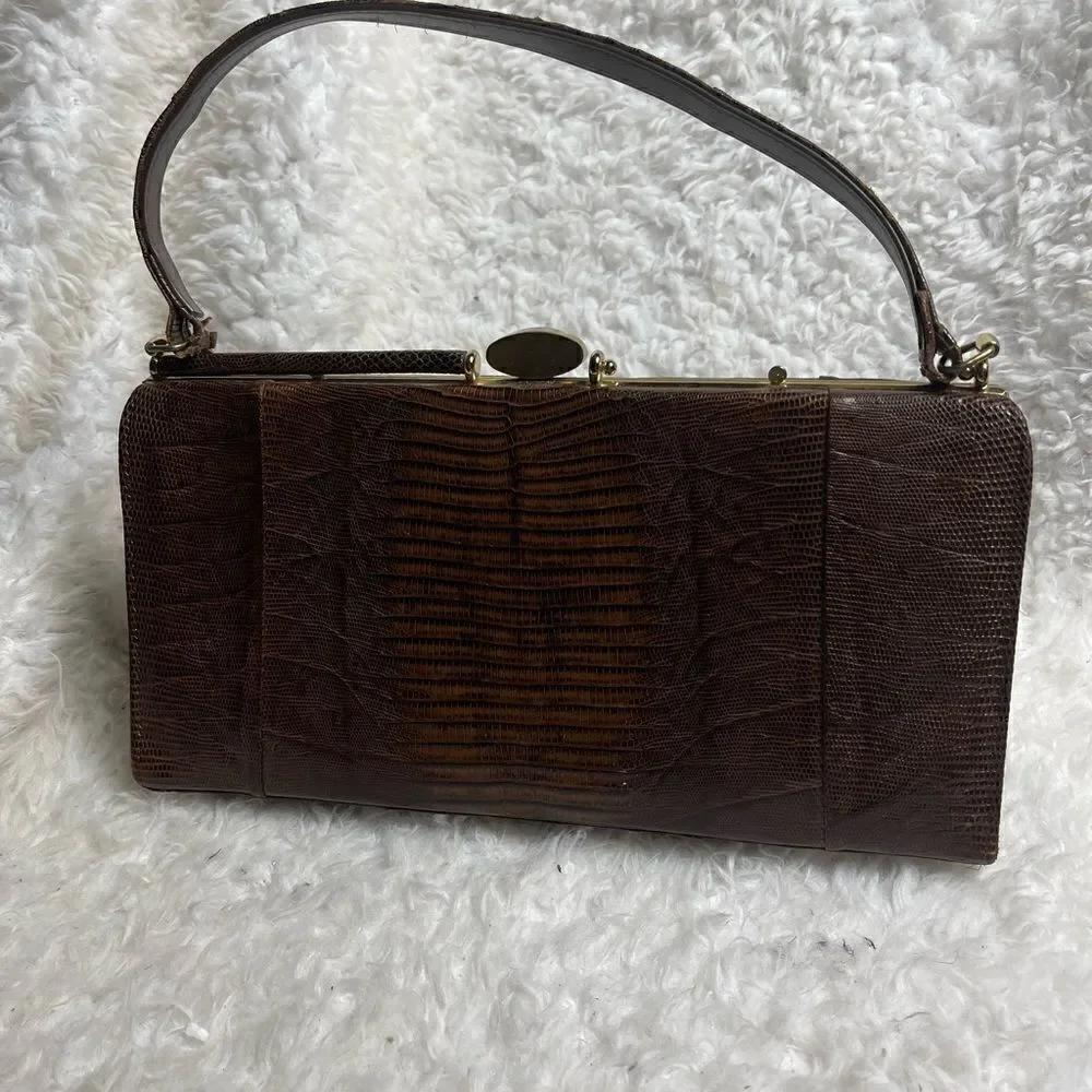 Vintage Brown Snake skin print handbag with antique gold tone hardwares.
